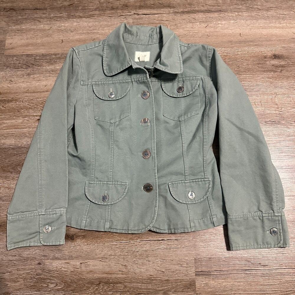 J. Jill Soft Denim Button Down Jacket Medium Petite Sage Green Cotton